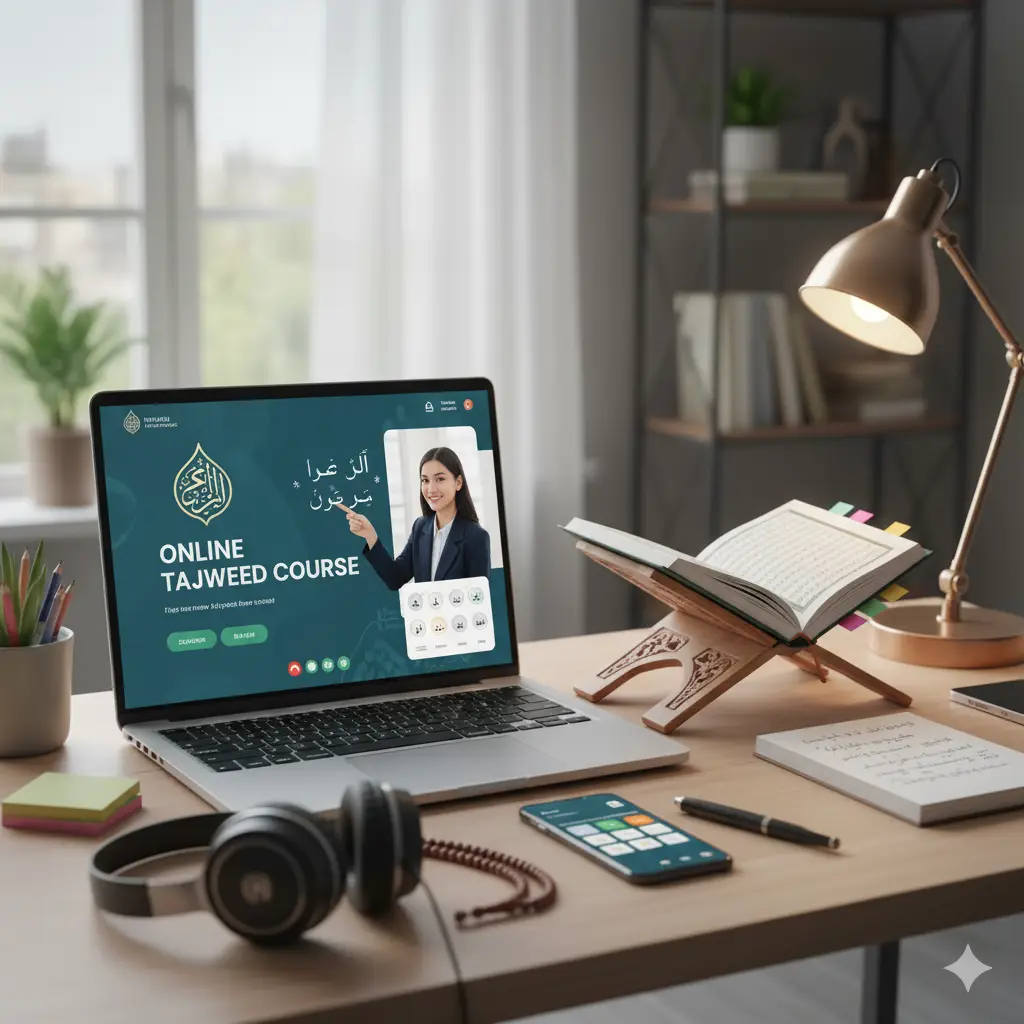 Student learning Tajweed rules online with Quran Verse Quest tutor.