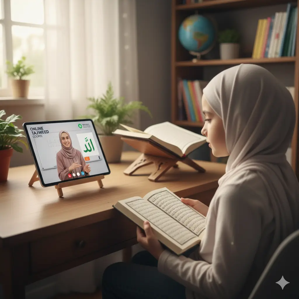 Expert Quran teacher explaining Tajweed rules in online class.